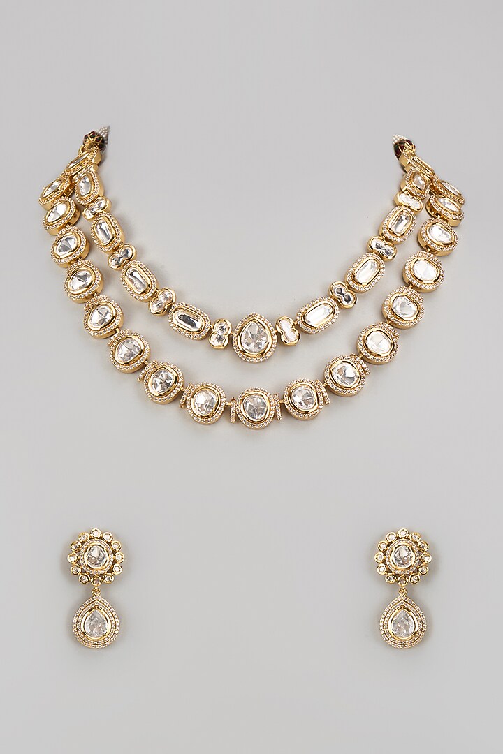 Gold Finish Kundan Polki Layered Necklace Set by VASTRAA Jewellery at Pernia's Pop Up Shop