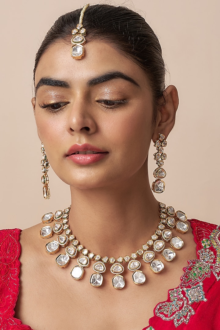 Gold Finish Kundan Polki Necklace Set by VASTRAA Jewellery at Pernia's Pop Up Shop