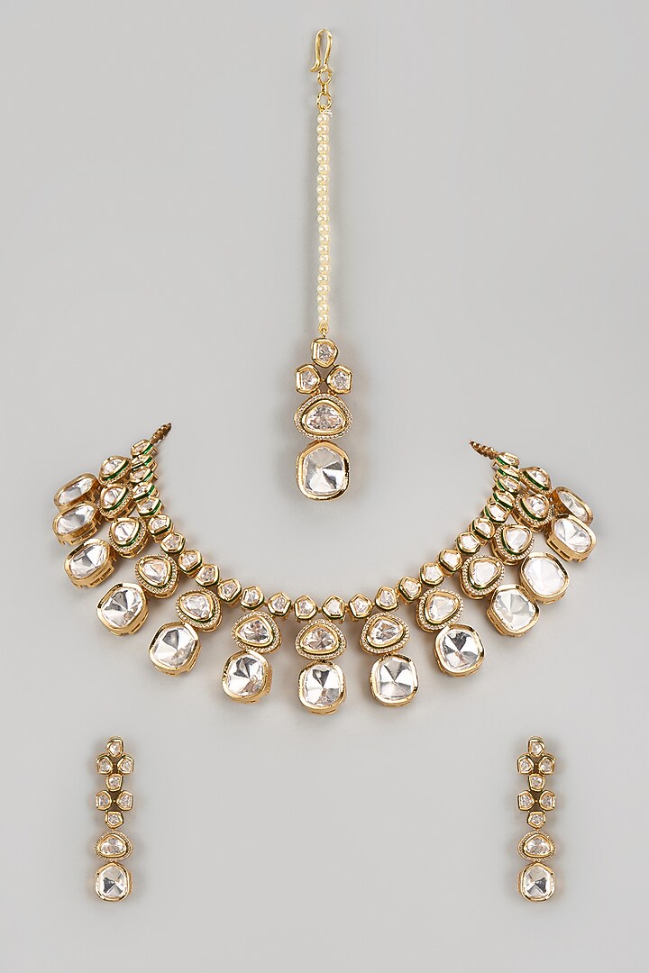 Gold Finish Kundan Polki Necklace Set by VASTRAA Jewellery at Pernia's Pop Up Shop