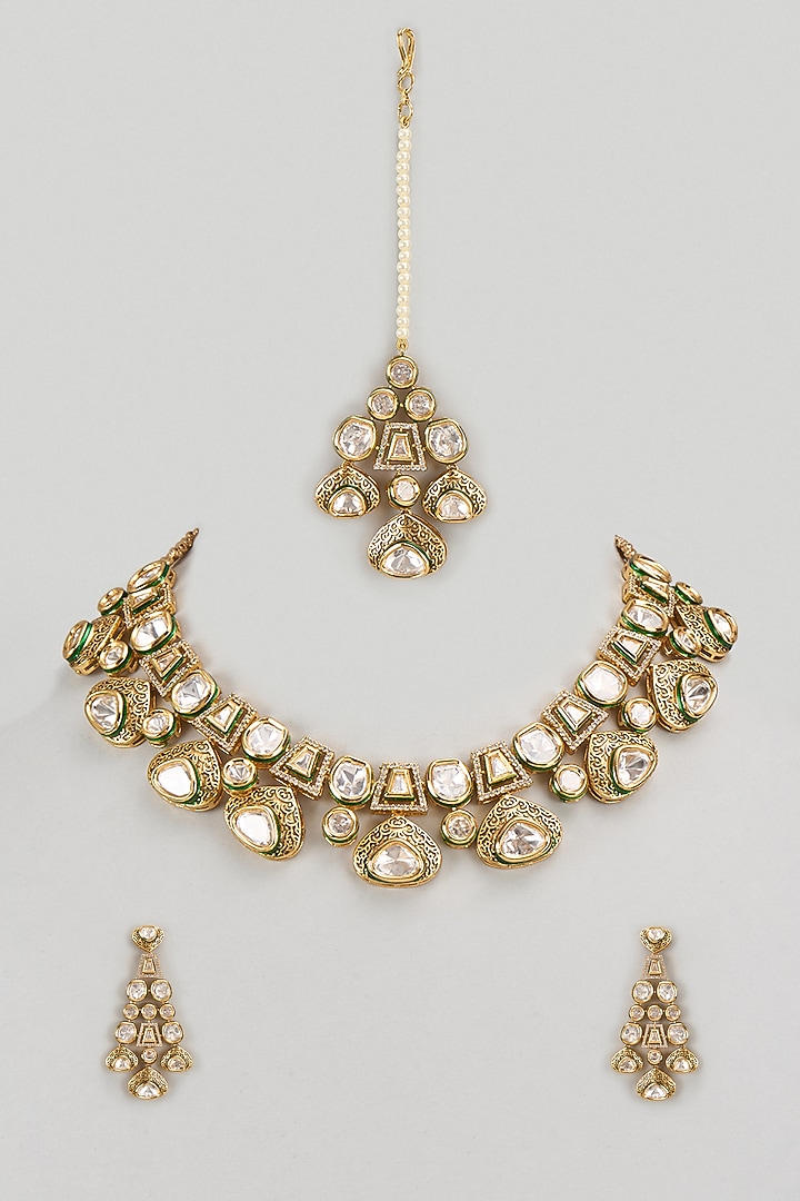 Gold Finish Kundan Polki Necklace Set by VASTRAA Jewellery at Pernia's Pop Up Shop