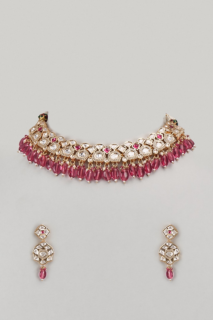 Gold Finish Kundan Polki & Red Stone Necklace Set by VASTRAA Jewellery at Pernia's Pop Up Shop
