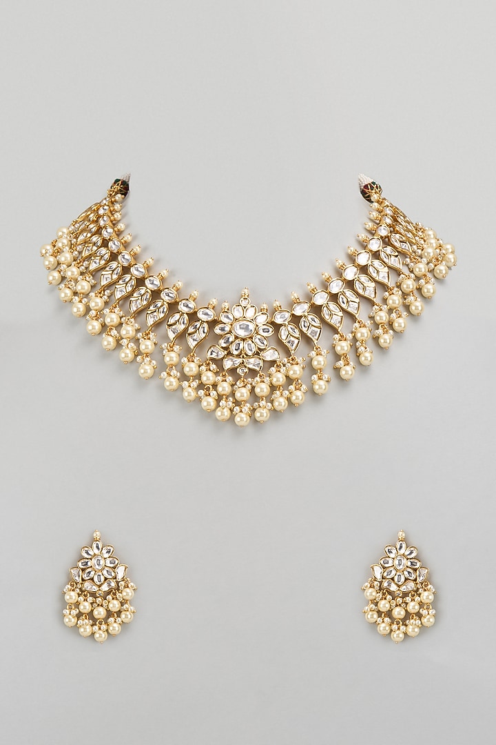 Gold Finish Kundan Polki Necklace Set by VASTRAA Jewellery at Pernia's Pop Up Shop