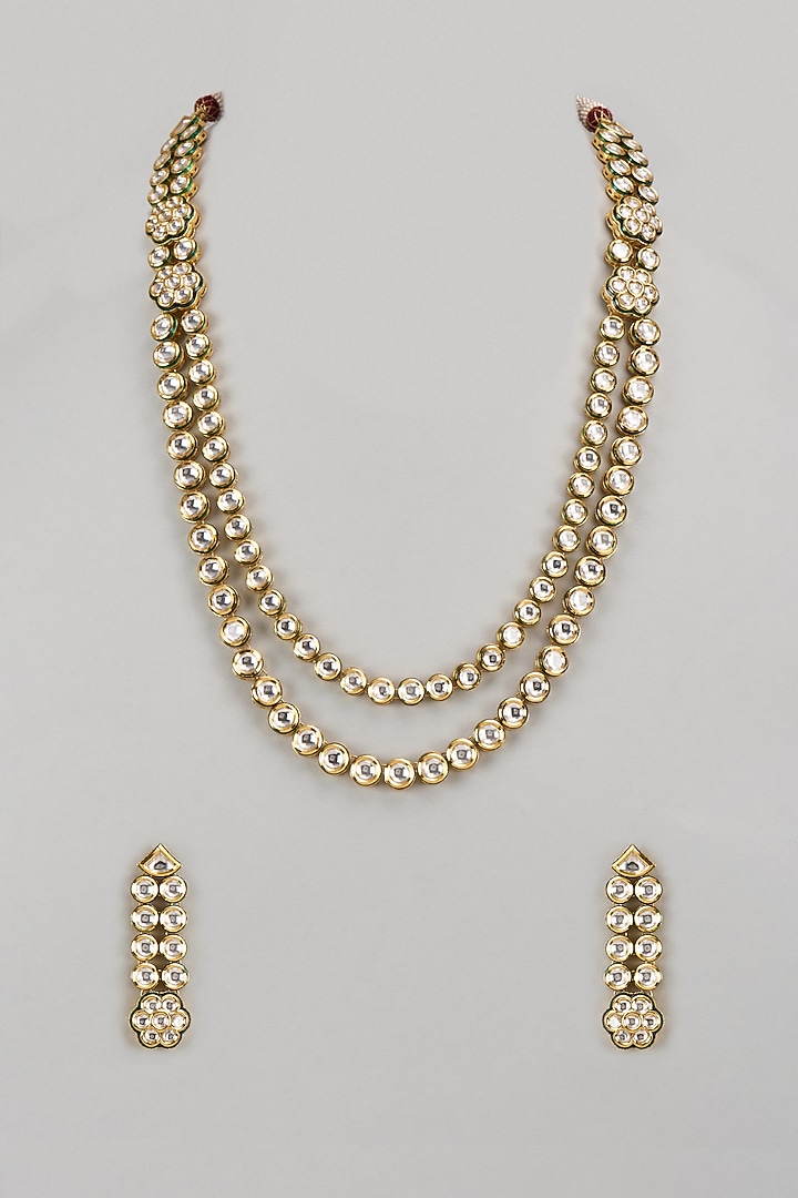 Gold Finish Kundan Polki Layered Necklace Set by VASTRAA Jewellery at Pernia's Pop Up Shop
