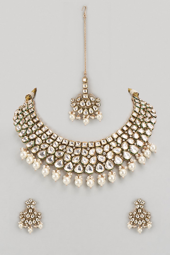 Gold Finish Kundan Polki Necklace Set by VASTRAA Jewellery at Pernia's Pop Up Shop
