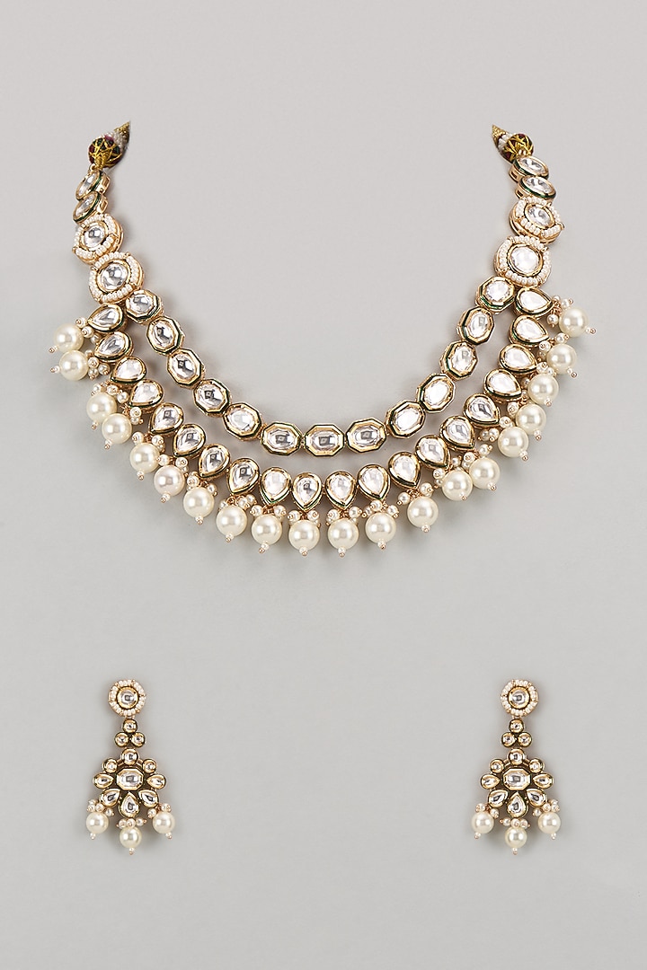 Gold Finish Kundan Polki Layered Necklace Set by VASTRAA Jewellery at Pernia's Pop Up Shop