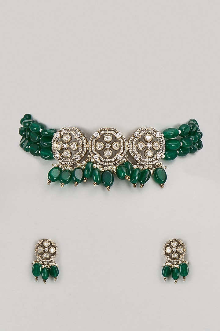 Gold Finish Kundan Polki & Green Stone Choker Necklace Set by VASTRAA Jewellery at Pernia's Pop Up Shop