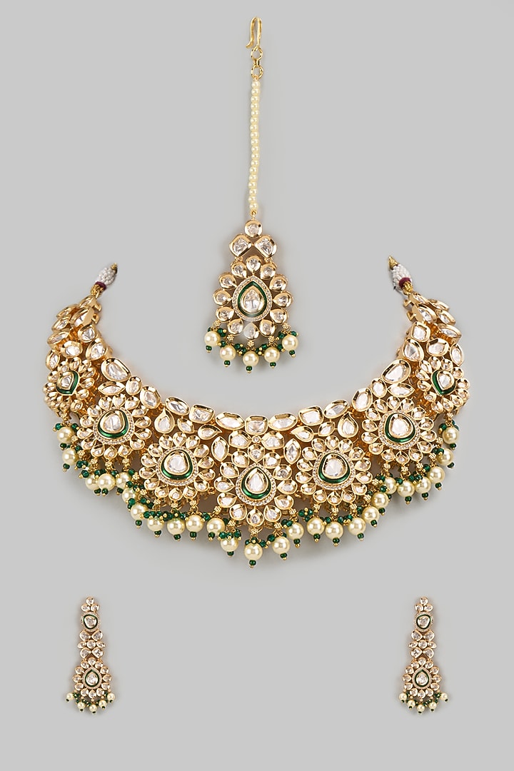 Gold Finish Kundan Polki & Emerald Stone Necklace Set by VASTRAA Jewellery at Pernia's Pop Up Shop