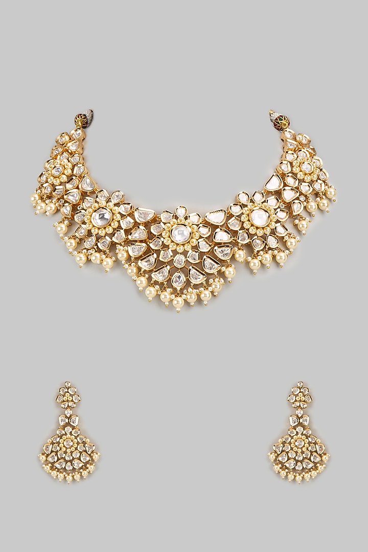 Gold Finish Kundan Polki Necklace Set by VASTRAA Jewellery at Pernia's Pop Up Shop