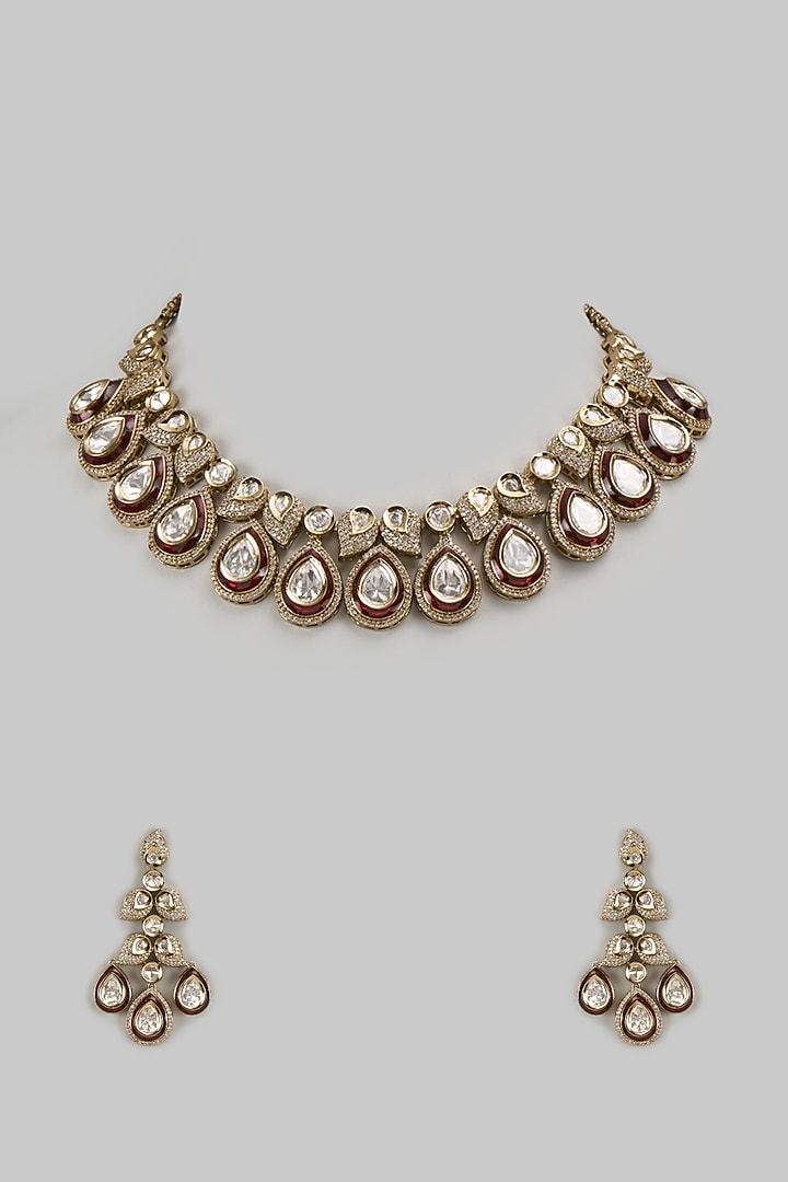Gold Finish Kundan Polki & Ruby Necklace Set by VASTRAA Jewellery at Pernia's Pop Up Shop