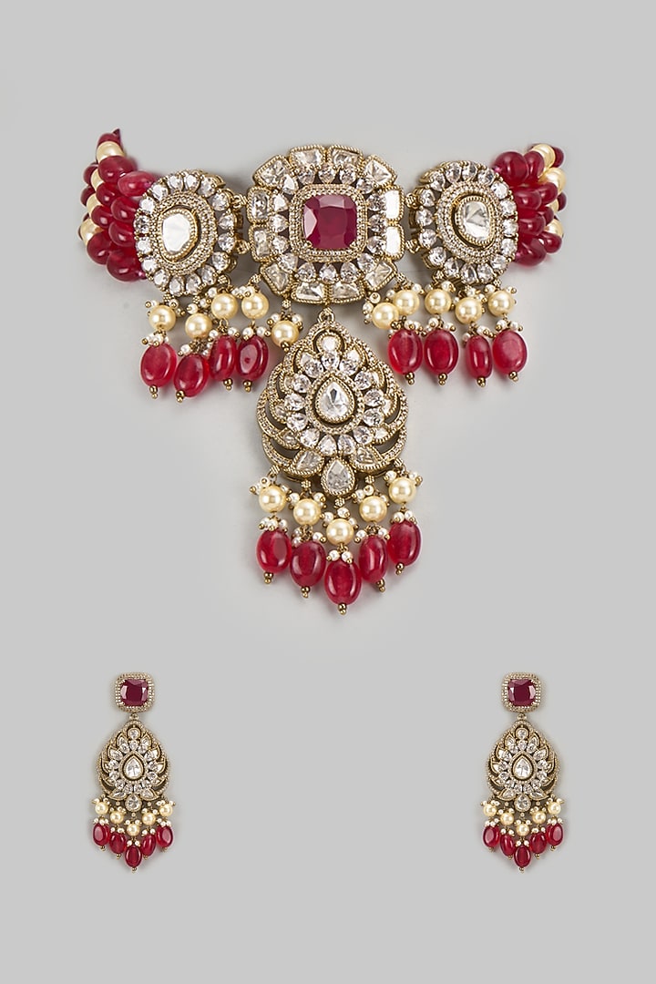 Gold Finish Kundan Polki & Ruby Choker Necklace Set by VASTRAA Jewellery at Pernia's Pop Up Shop