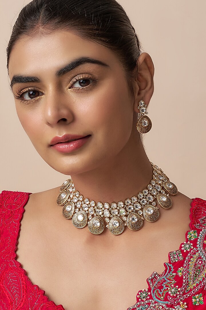 Gold Finish Kundan Polki Necklace Set by VASTRAA Jewellery at Pernia's Pop Up Shop