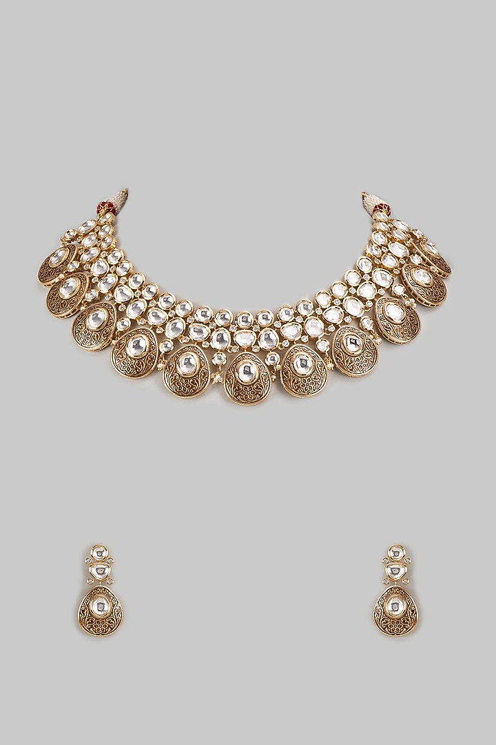 Gold Finish Kundan Polki Necklace Set by VASTRAA Jewellery at Pernia's Pop Up Shop