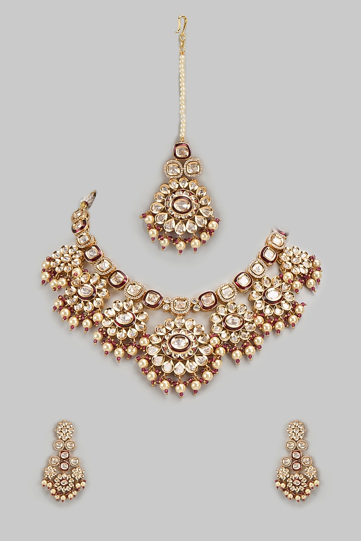 Gold Finish Kundan Polki Necklace Set by VASTRAA Jewellery at Pernia's Pop Up Shop