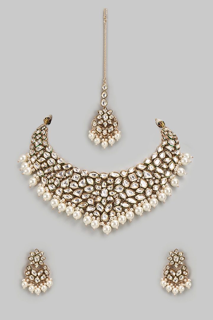 Gold Finish Kundan Polki Necklace Set by VASTRAA Jewellery at Pernia's Pop Up Shop