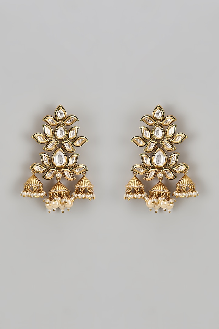 Gold Finish Kundan Polki Jhumka Earrings by VASTRAA Jewellery at Pernia's Pop Up Shop