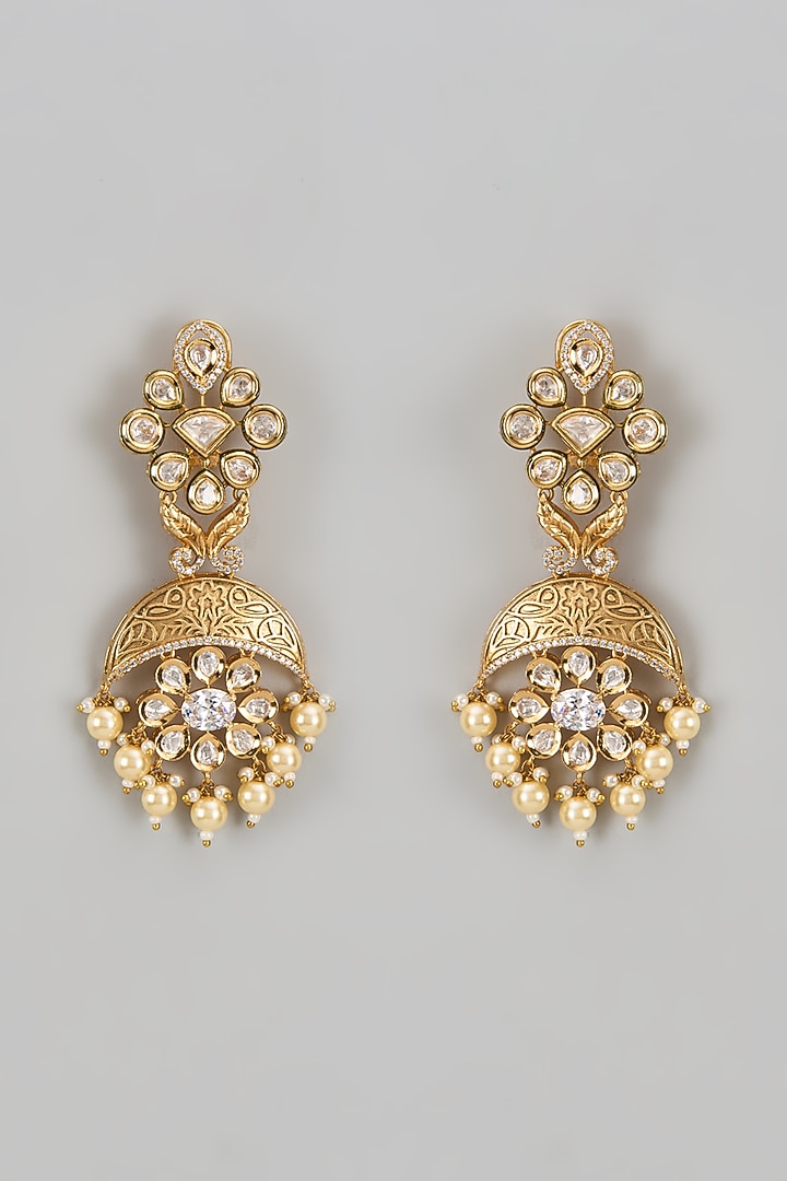Gold Finish Kundan Polki Dangler Earrings by VASTRAA Jewellery at Pernia's Pop Up Shop