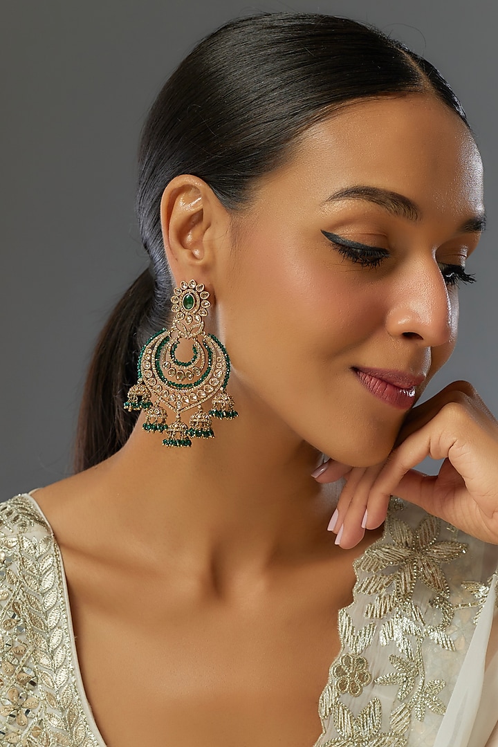 Gold Finish Green Stone & Kundan Polki Chandbaali Earrings by VASTRAA Jewellery