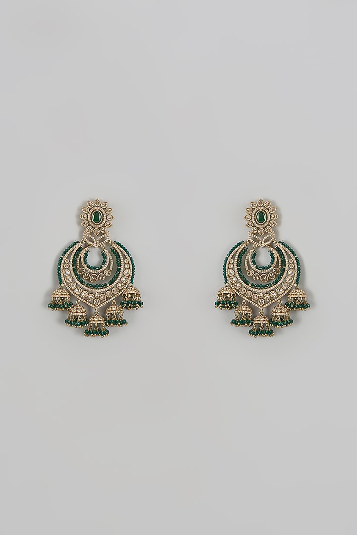 Gold Finish Green Stone & Kundan Polki Chandbaali Earrings by VASTRAA Jewellery at Pernia's Pop Up Shop