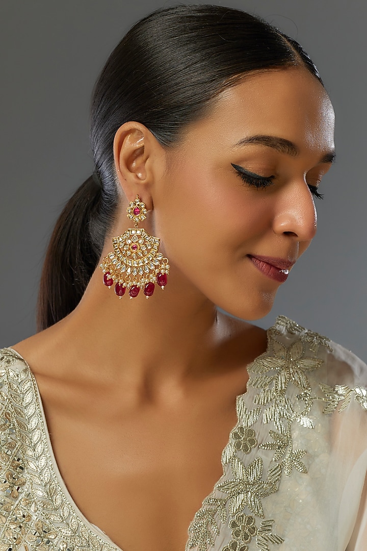 Gold Finish Red Stone & Kundan Polki Chandbaali Earrings by VASTRAA Jewellery at Pernia's Pop Up Shop