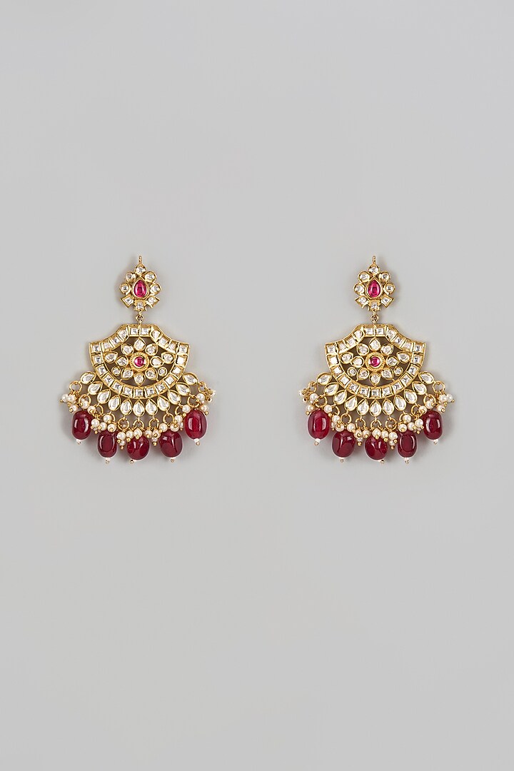 Gold Finish Red Stone & Kundan Polki Chandbaali Earrings by VASTRAA Jewellery at Pernia's Pop Up Shop