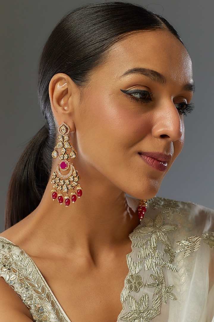 Gold Finish Red Stone & Kundan Polki Chandbaali Earrings by VASTRAA Jewellery