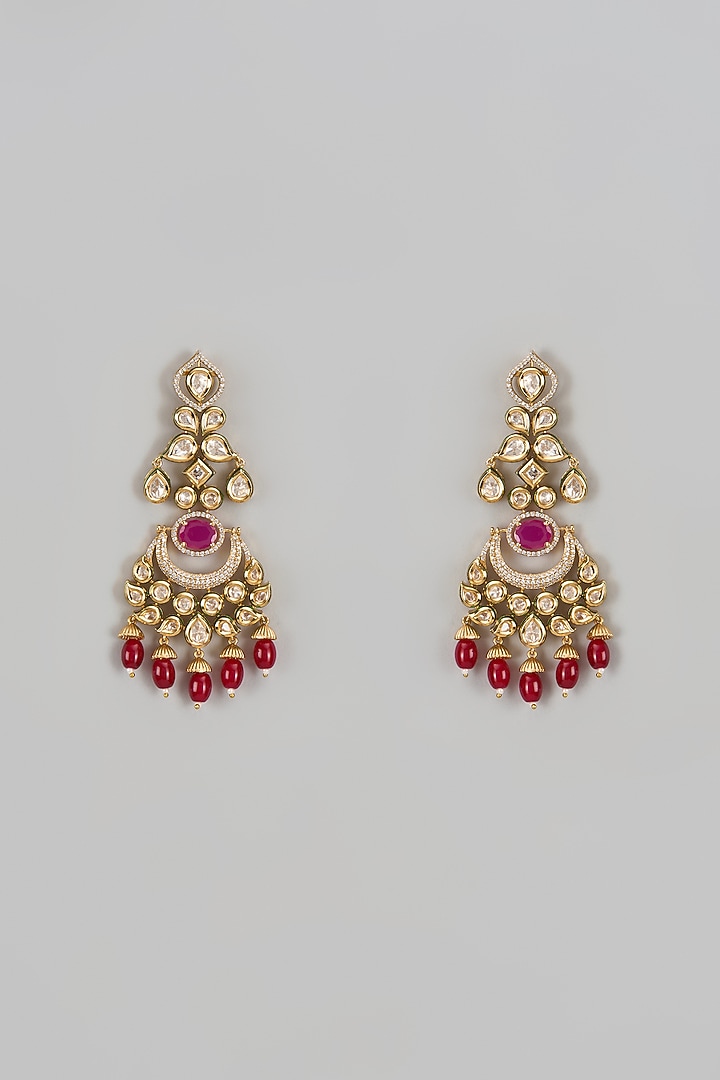Gold Finish Red Stone & Kundan Polki Chandbaali Earrings by VASTRAA Jewellery at Pernia's Pop Up Shop