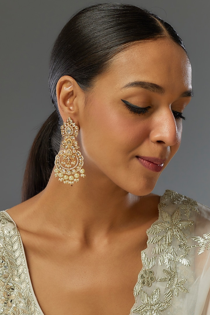 Gold Finish Kundan Polki Chandbaali Earrings by VASTRAA Jewellery at Pernia's Pop Up Shop