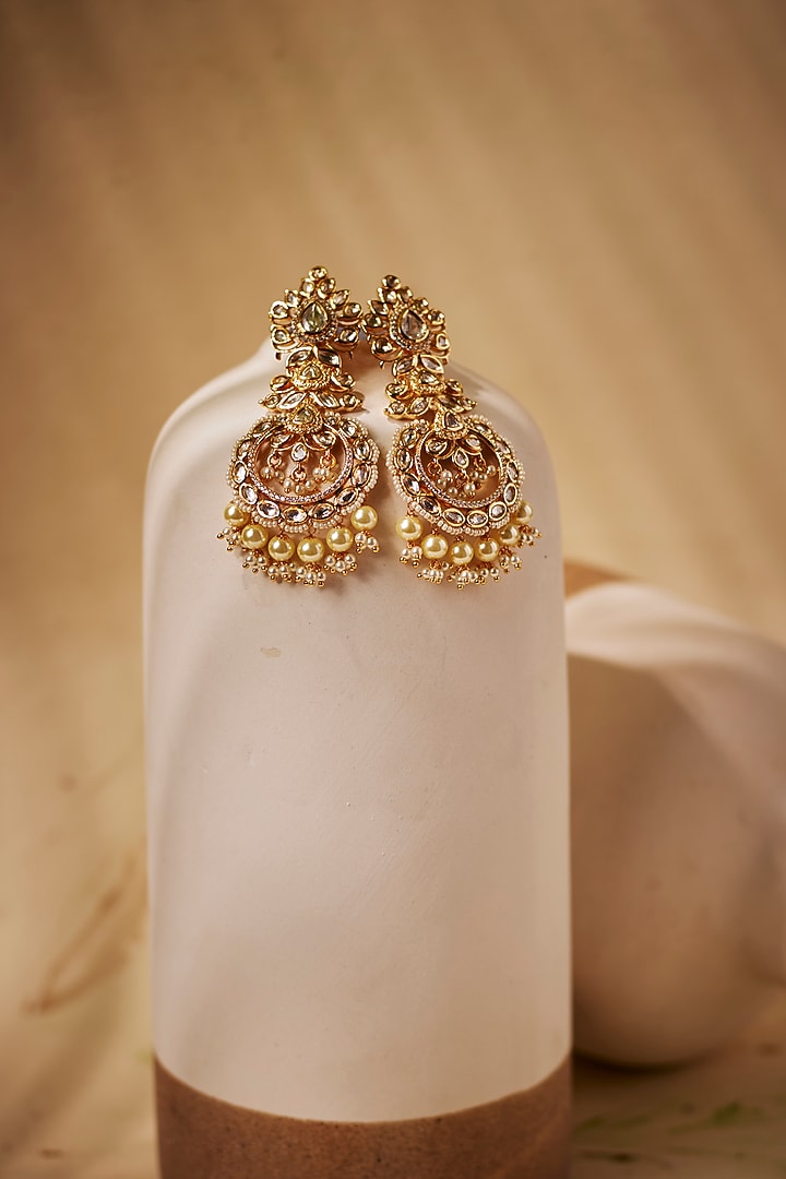 Gold Finish Kundan Polki Chandbaali Earrings by VASTRAA Jewellery at Pernia's Pop Up Shop