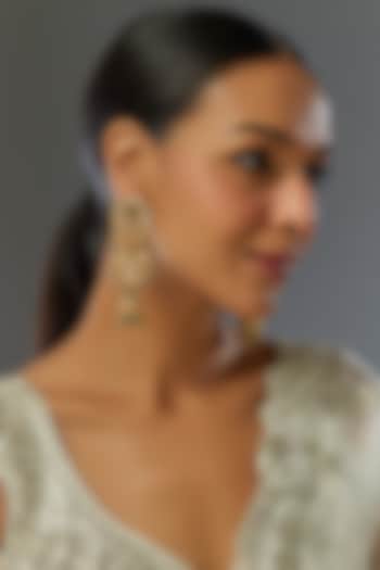 Gold Finish Green Stone & Kundan Polki Jhumka Earrings by VASTRAA Jewellery at Pernia's Pop Up Shop