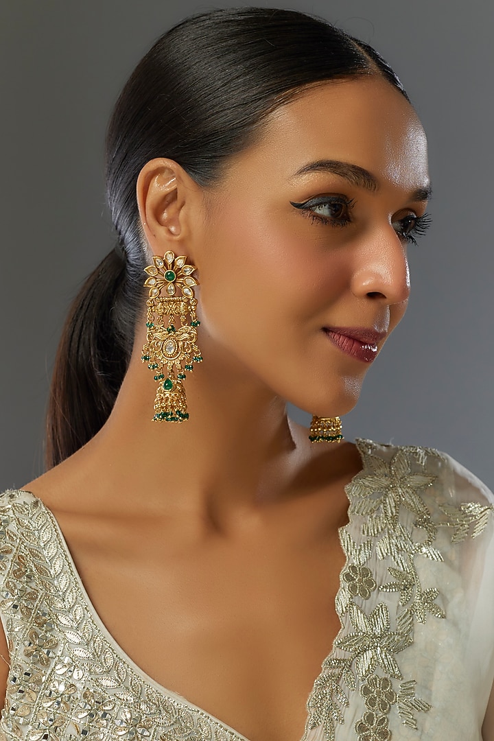Gold Finish Green Stone & Kundan Polki Jhumka Earrings by VASTRAA Jewellery at Pernia's Pop Up Shop