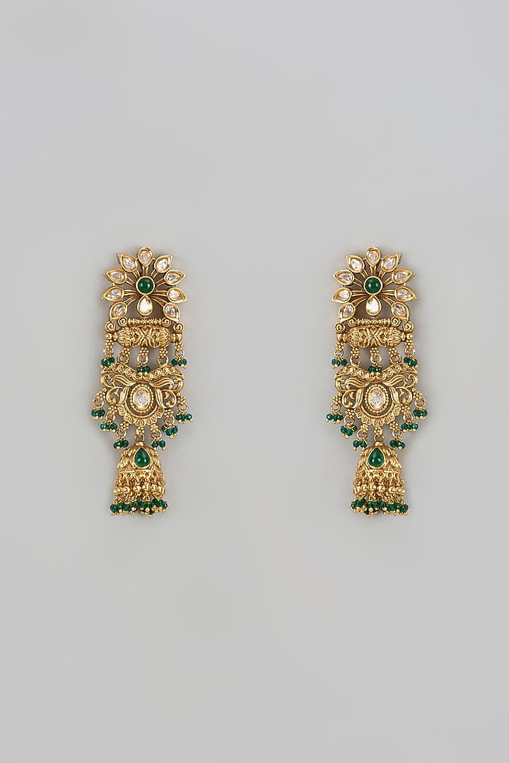 Gold Finish Green Stone & Kundan Polki Jhumka Earrings by VASTRAA Jewellery at Pernia's Pop Up Shop