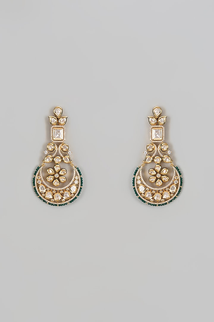 Gold Finish Kundan Polki Chandbaali Earrings by VASTRAA Jewellery at Pernia's Pop Up Shop