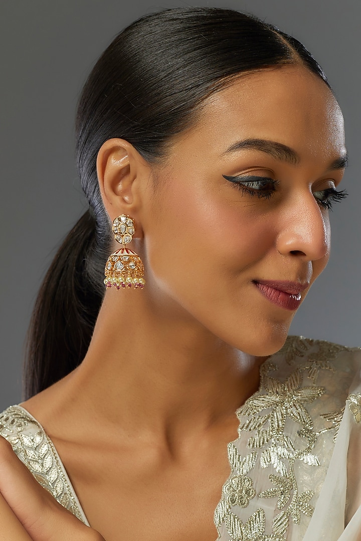 Gold Finish Red Stone & Kundan Polki Jhumka Earrings by VASTRAA Jewellery at Pernia's Pop Up Shop