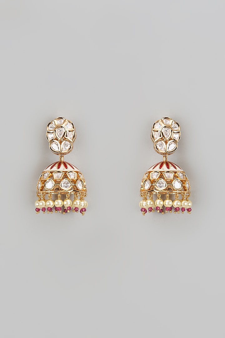 Gold Finish Red Stone & Kundan Polki Jhumka Earrings by VASTRAA Jewellery at Pernia's Pop Up Shop