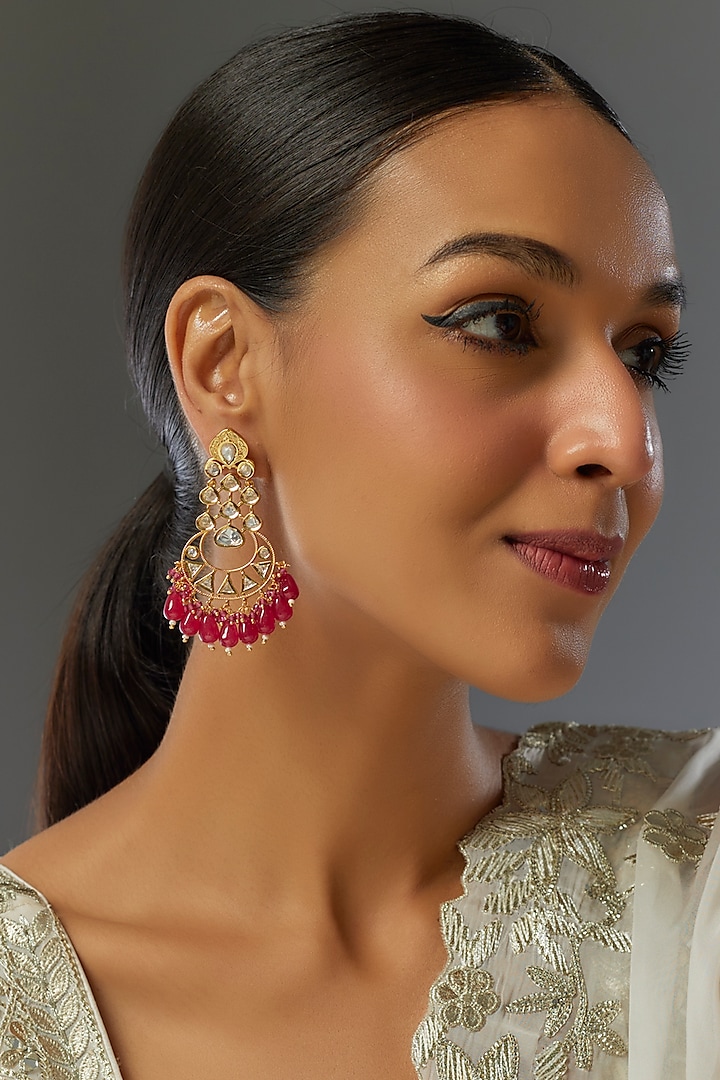 Gold Finish Red Stone & Kundan Polki Chandbaali Earrings by VASTRAA Jewellery at Pernia's Pop Up Shop