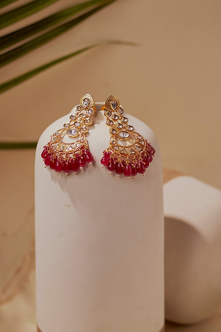 Gold Finish Red Stone & Kundan Polki Chandbaali Earrings by VASTRAA Jewellery at Pernia's Pop Up Shop
