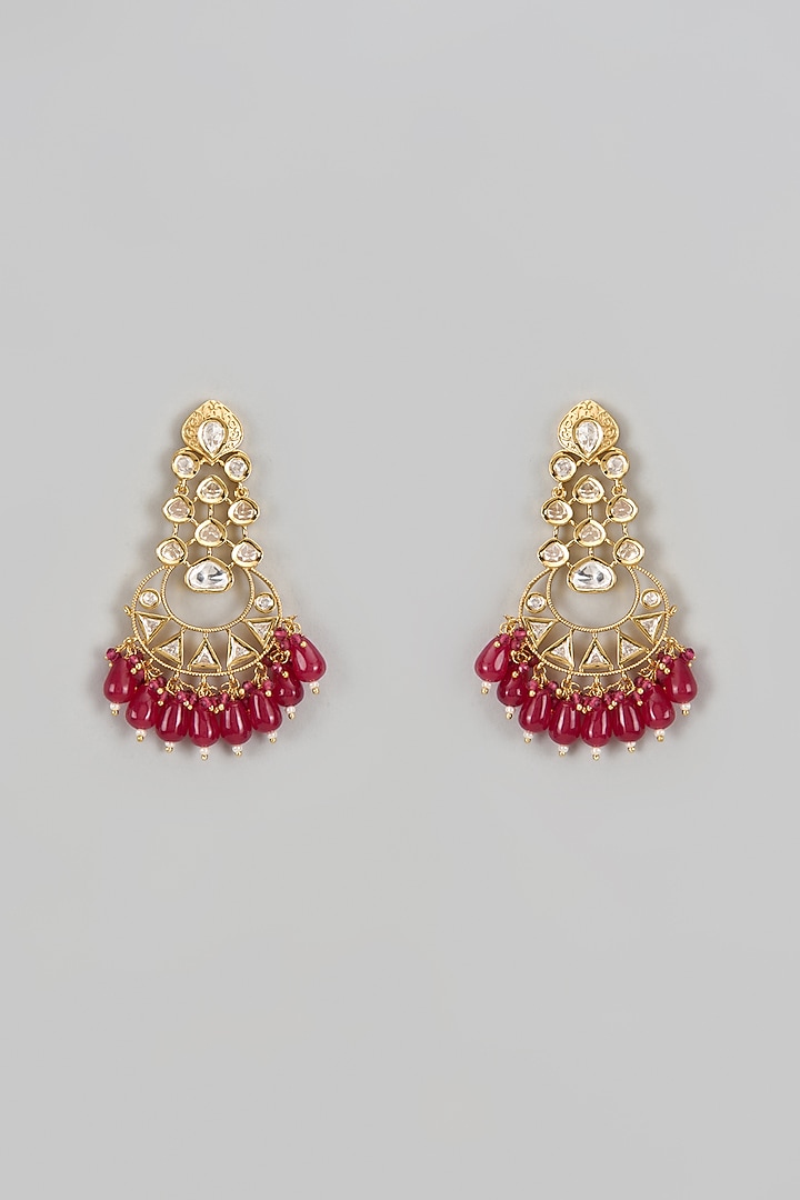 Gold Finish Red Stone & Kundan Polki Chandbaali Earrings by VASTRAA Jewellery at Pernia's Pop Up Shop