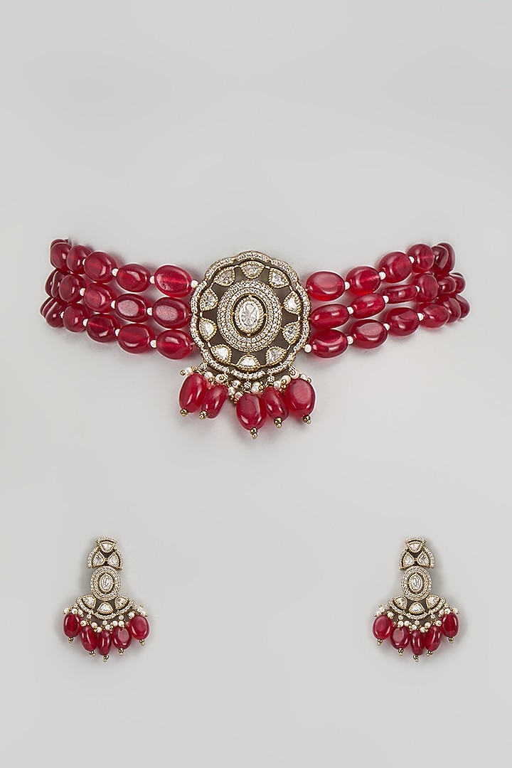 Gold Finish Kundan Polki & Red Stone Choker Necklace Set by VASTRAA Jewellery at Pernia's Pop Up Shop