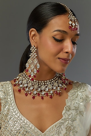 Gold Finish Kundan Polki & Red Stone Necklace Set by VASTRAA Jewellery