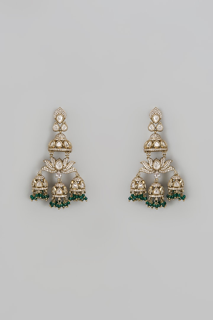 Gold Finish Kundan Polki & Green Stone Jhumka Earrings by VASTRAA Jewellery at Pernia's Pop Up Shop