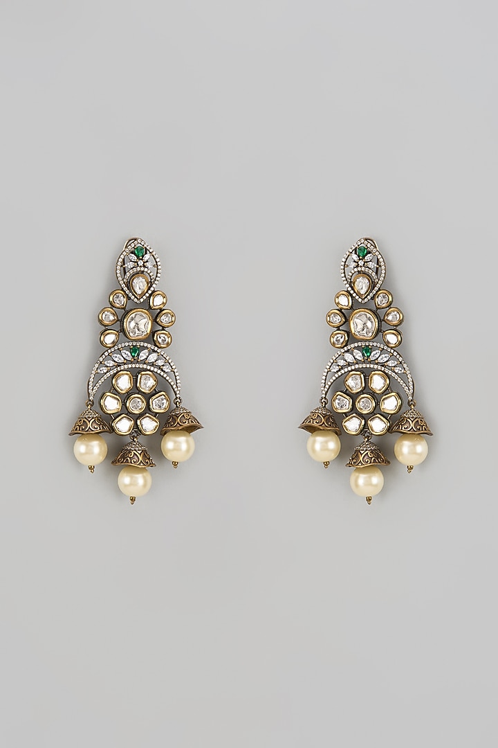Two-Tone Finish Kundan Polki & Green Stone Jhumka Earrings by VASTRAA Jewellery at Pernia's Pop Up Shop