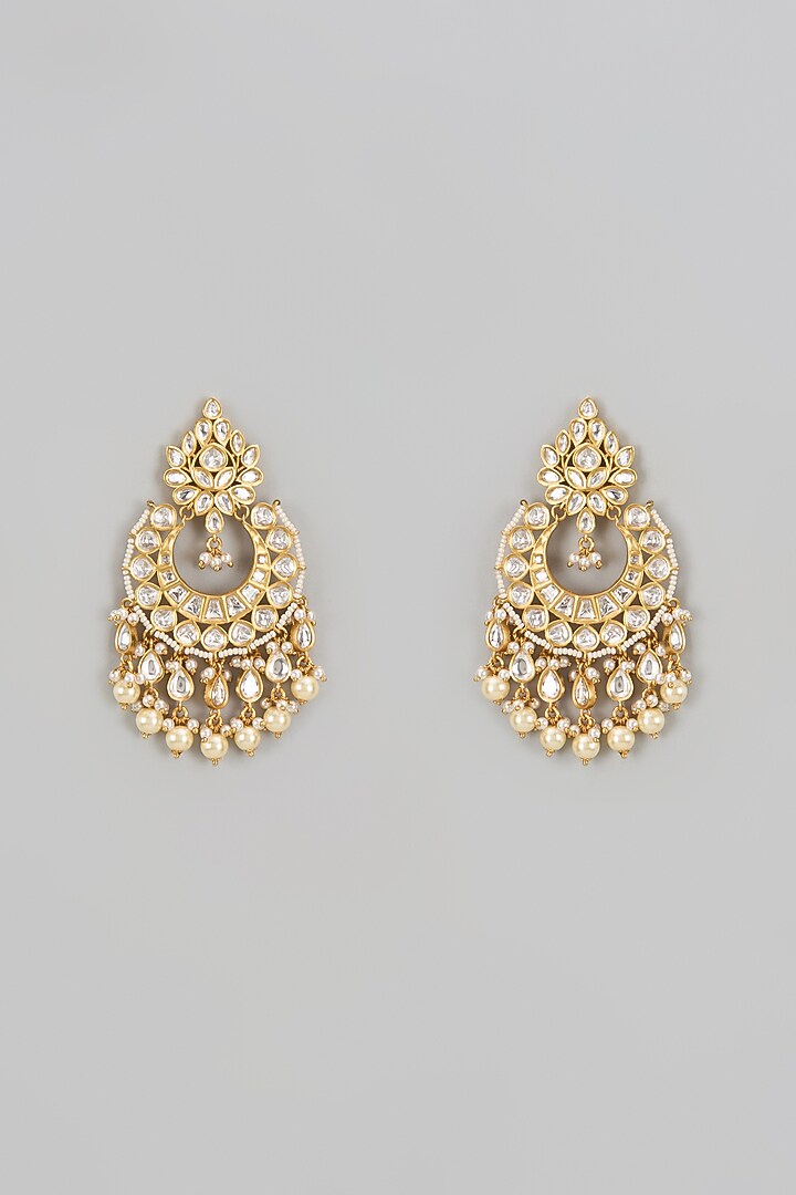 Gold Finish Kundan Polki Chandbaali Earrings by VASTRAA Jewellery at Pernia's Pop Up Shop