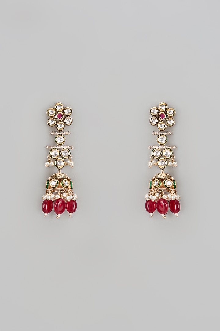 Gold Finish Kundan Polki & Red Stone Jhumka Earrings by VASTRAA Jewellery at Pernia's Pop Up Shop