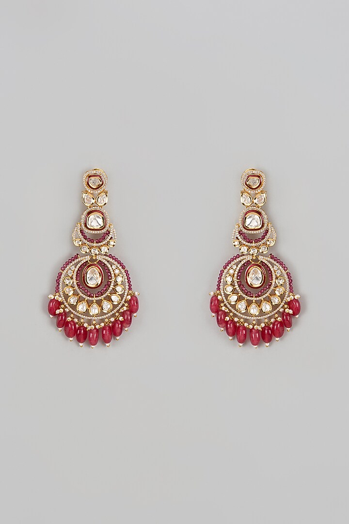 Gold Finish Kundan Polki & Red Stone Chandbaali Earrings by VASTRAA Jewellery at Pernia's Pop Up Shop