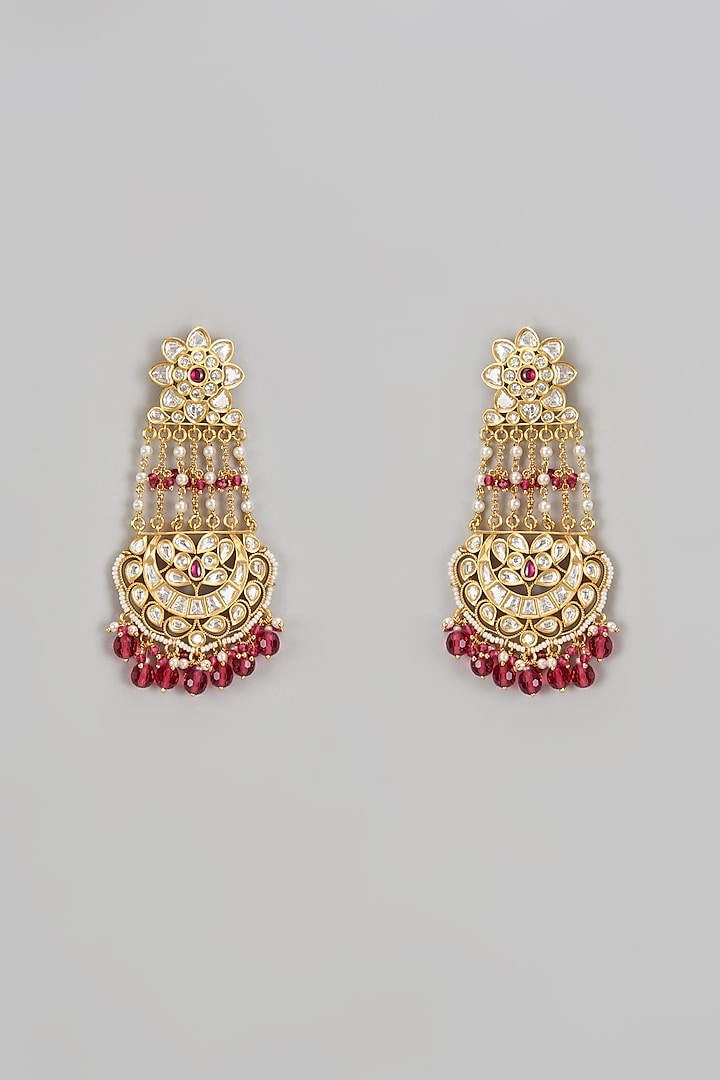 Gold Finish Kundan Polki & Red Stone Chandbaali Earrings by VASTRAA Jewellery at Pernia's Pop Up Shop