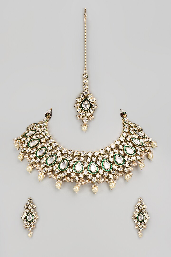 Gold Finish Kundan Polki Necklace Set by VASTRAA Jewellery at Pernia's Pop Up Shop