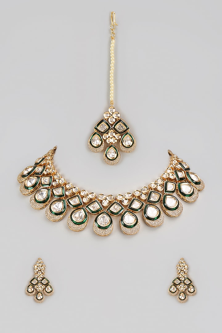 Gold Finish Kundan Polki Necklace Set by VASTRAA Jewellery at Pernia's Pop Up Shop