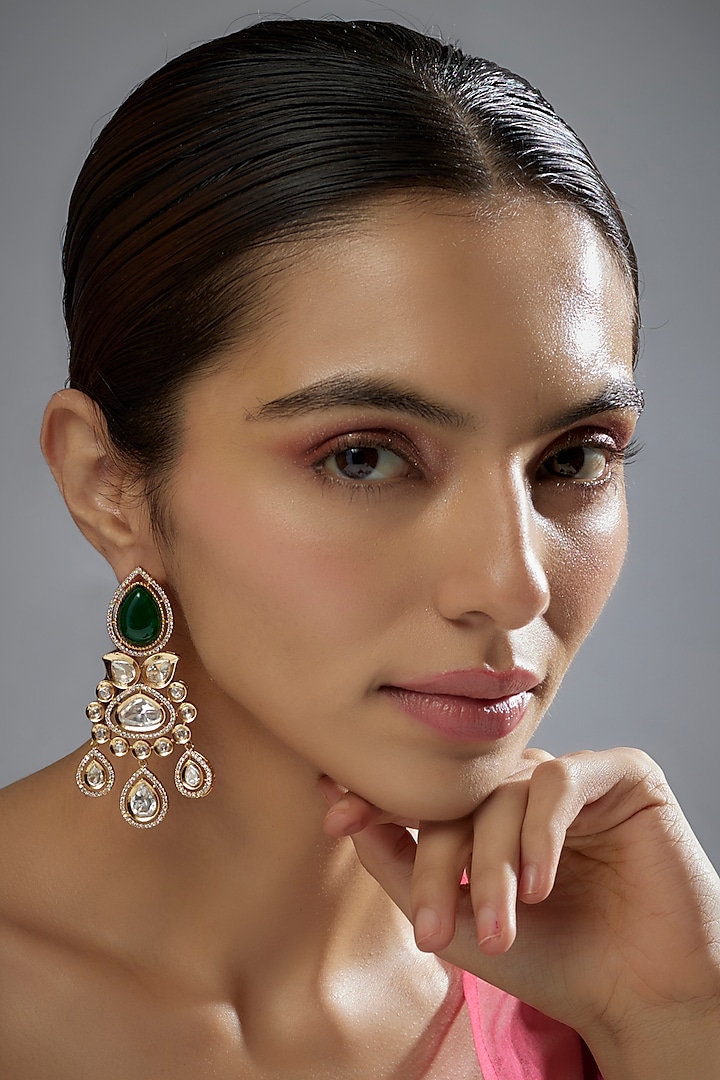 Gold Finish Kundan Polki & Emerald Stone Dangler Earrings by VASTRAA Jewellery at Pernia's Pop Up Shop