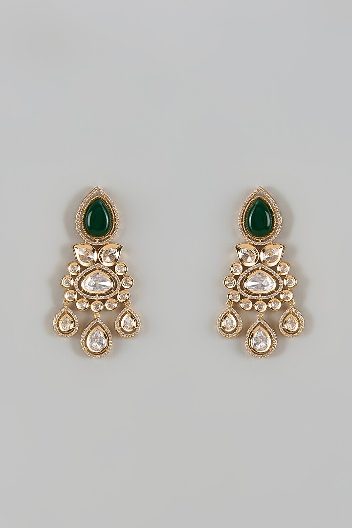 Gold Finish Kundan Polki & Emerald Stone Dangler Earrings by VASTRAA Jewellery at Pernia's Pop Up Shop