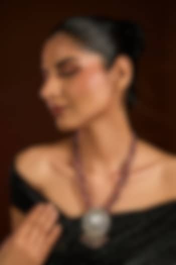 Silver Kundan Polki & Purple Beaded Long Necklace by VASTRAA Jewellery at Pernia's Pop Up Shop